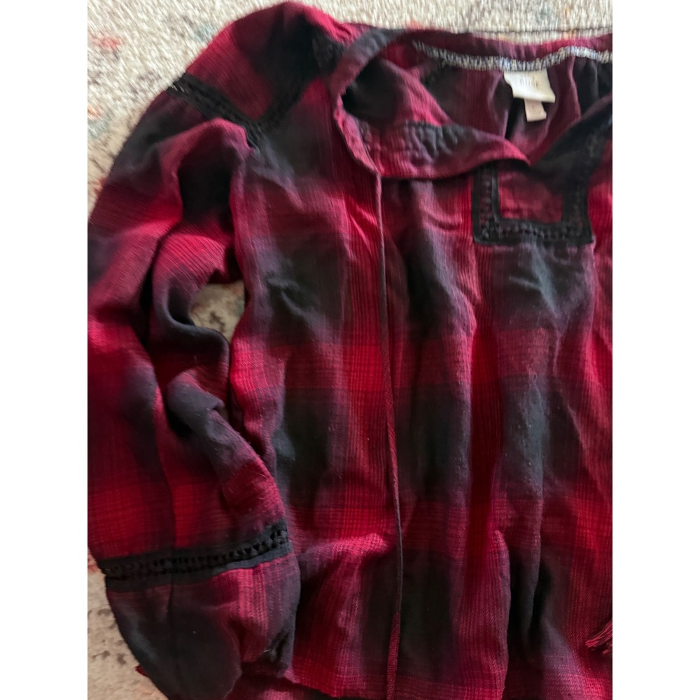 Knox Rose Red Black Plaid Peasant Blouse Lace Trim Tassel Tie Large Cabin Fall